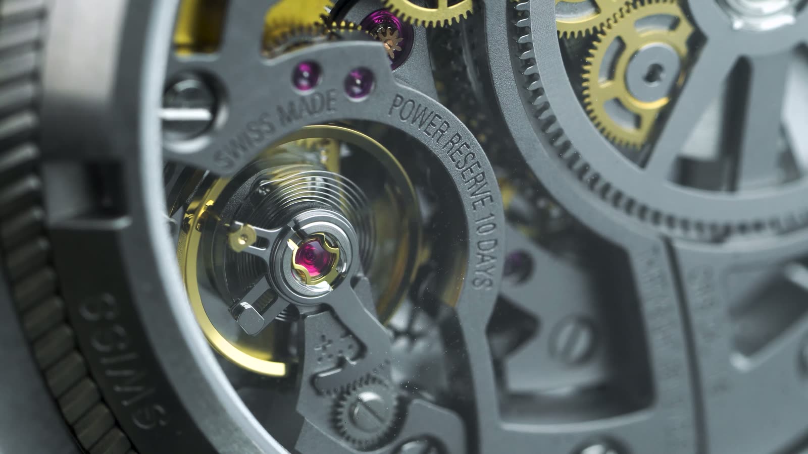 Cinematic macro shot of a mechanical watch movement