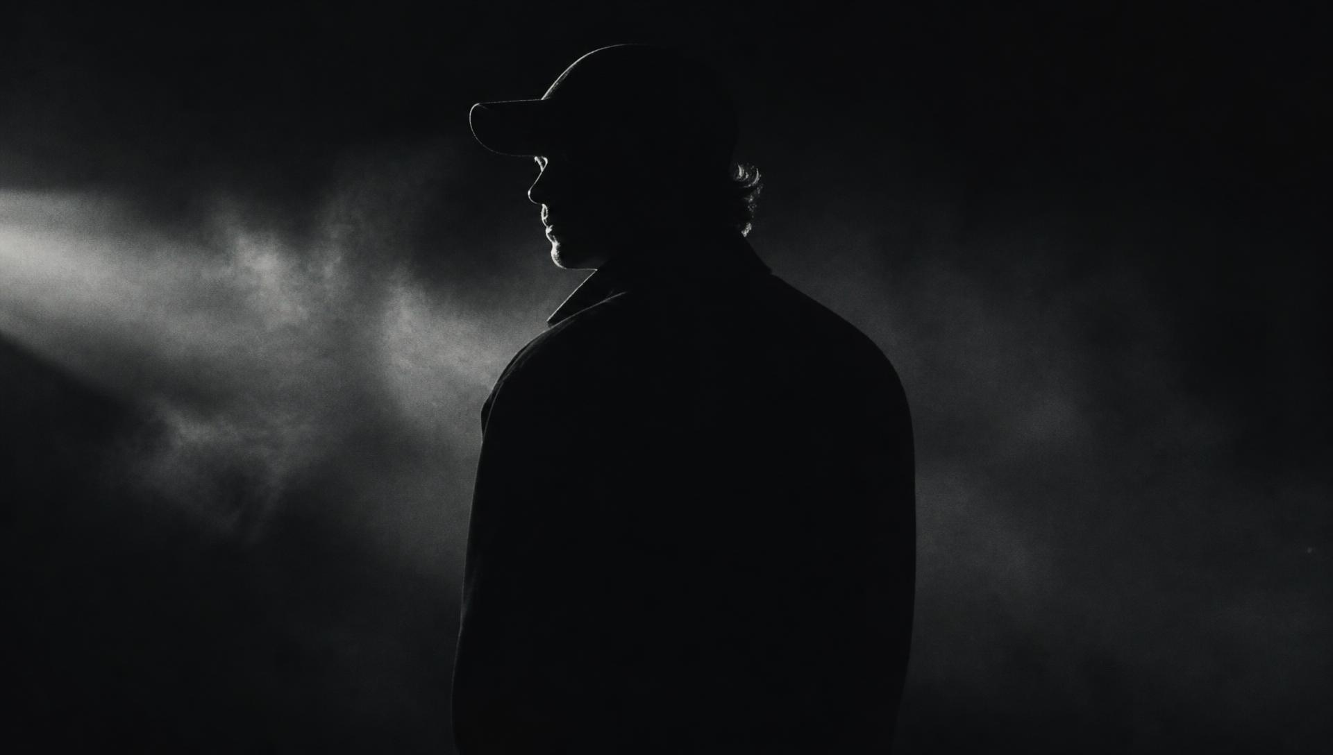 Cinematic still: a director in fog under hard light